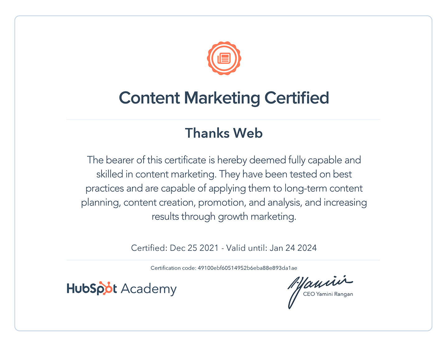 Thanksweb  - Content marketing Certification