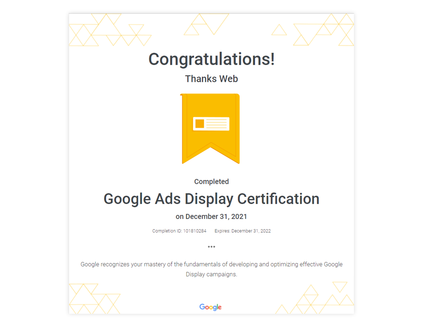 Thanskweb - Google Display Ads Certification