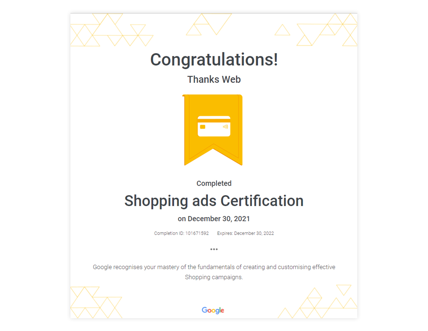 Thanksweb - Shopping ads certification